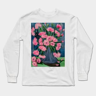 Pink and white carnations flowers in a blue and silver metallic vase. Long Sleeve T-Shirt